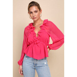 Lulus Distinctive Darling Hot Pink Chiffon Ruffled Balloon Sleeve Top - Size XL
